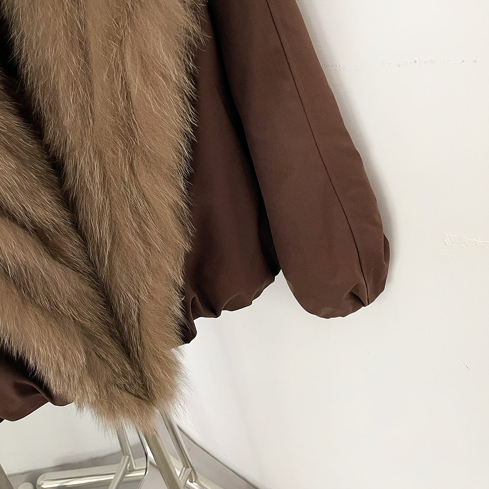 Detail shot of elastic bubble cuffs on fox fur duck down coat
