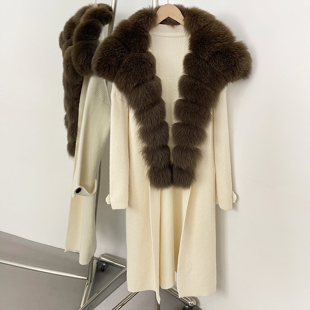 OFTBUY New Autumn Winter Knit Clothing Female Long Big Real Fox Fur Collar Sweater Women Warm Fashion Elegant Cardigan Coat