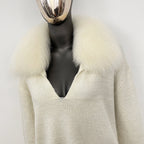 OFTBUY Loose Pants Warm Winter Elegant Casual Outfit Sweater Female New Women's Knit Two Piece Set with Real Fox Fur Collar
