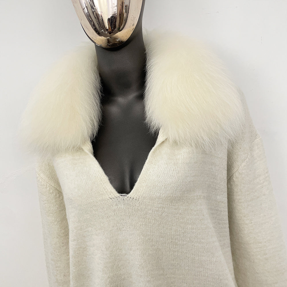 OFTBUY Loose Pants Warm Winter Elegant Casual Outfit Sweater Female New Women's Knit Two Piece Set with Real Fox Fur Collar