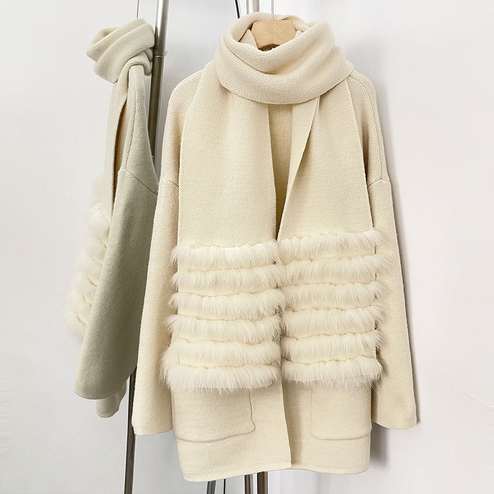 OFTBUY Elegant Cardigan Sweater New Women's Knit Coat with Real Fox Fur Loose Fit Pockets Warm Winter Fashion Cardigan Female