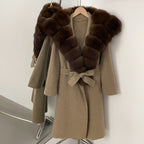 OFTBUY Long Belt Real Fur Wool Coat Female New Autumn Winter Warm Clothes Women Natural Fox Fur Collar Cashmere Woolen Jacket