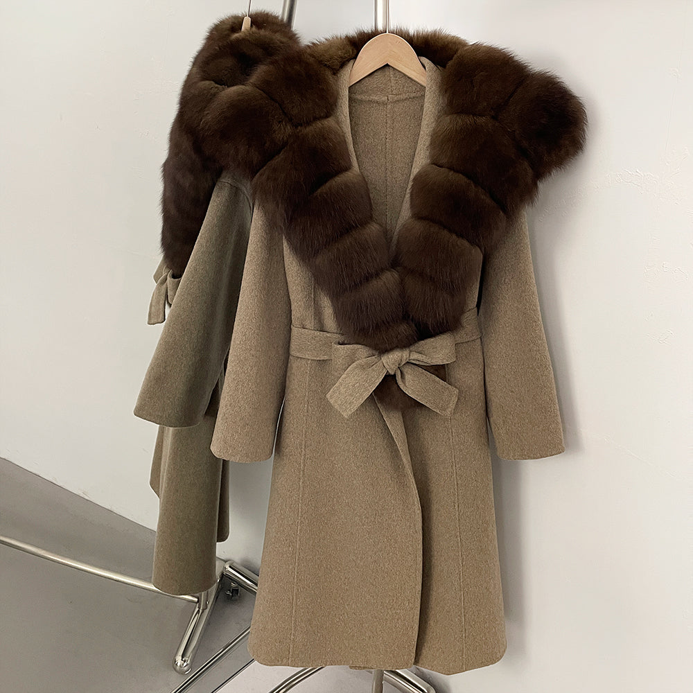 OFTBUY Long Belt Real Fur Wool Coat Female New Autumn Winter Warm Clothes Women Natural Fox Fur Collar Cashmere Woolen Jacket