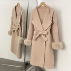 OFTBUY New Autumn Winter Belt Top Clothes Women Long Elegant Double-sided Woolen Coat Femlae Real Fox Fur Cuffs 100% Wool Coat