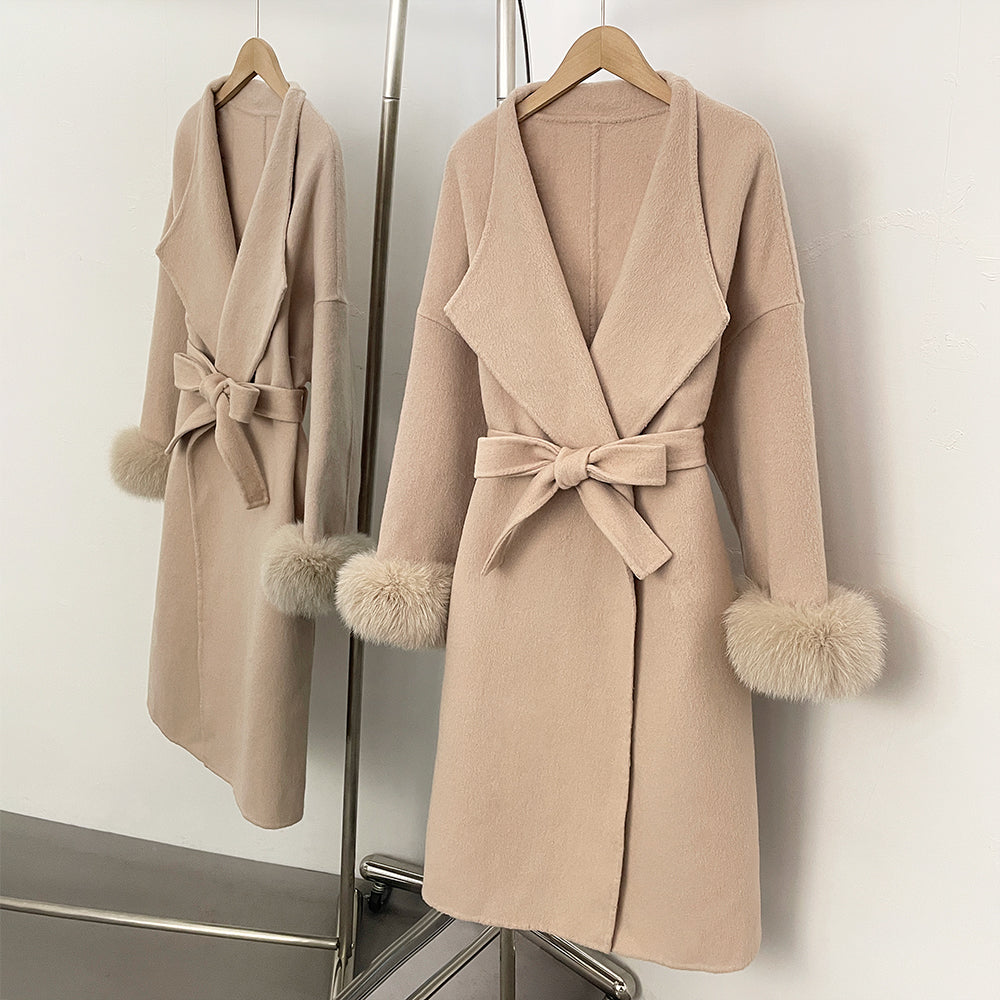 OFTBUY New Autumn Winter Belt Top Clothes Women Long Elegant Double-sided Woolen Coat Femlae Real Fox Fur Cuffs 100% Wool Coat