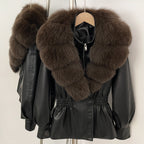 OFTBUY Women's Luxury Real Fox/Raccoon Fur Faux Leather Jacket Elastic Waist New Winter Coat Elegant PU Leather Outerwear Female