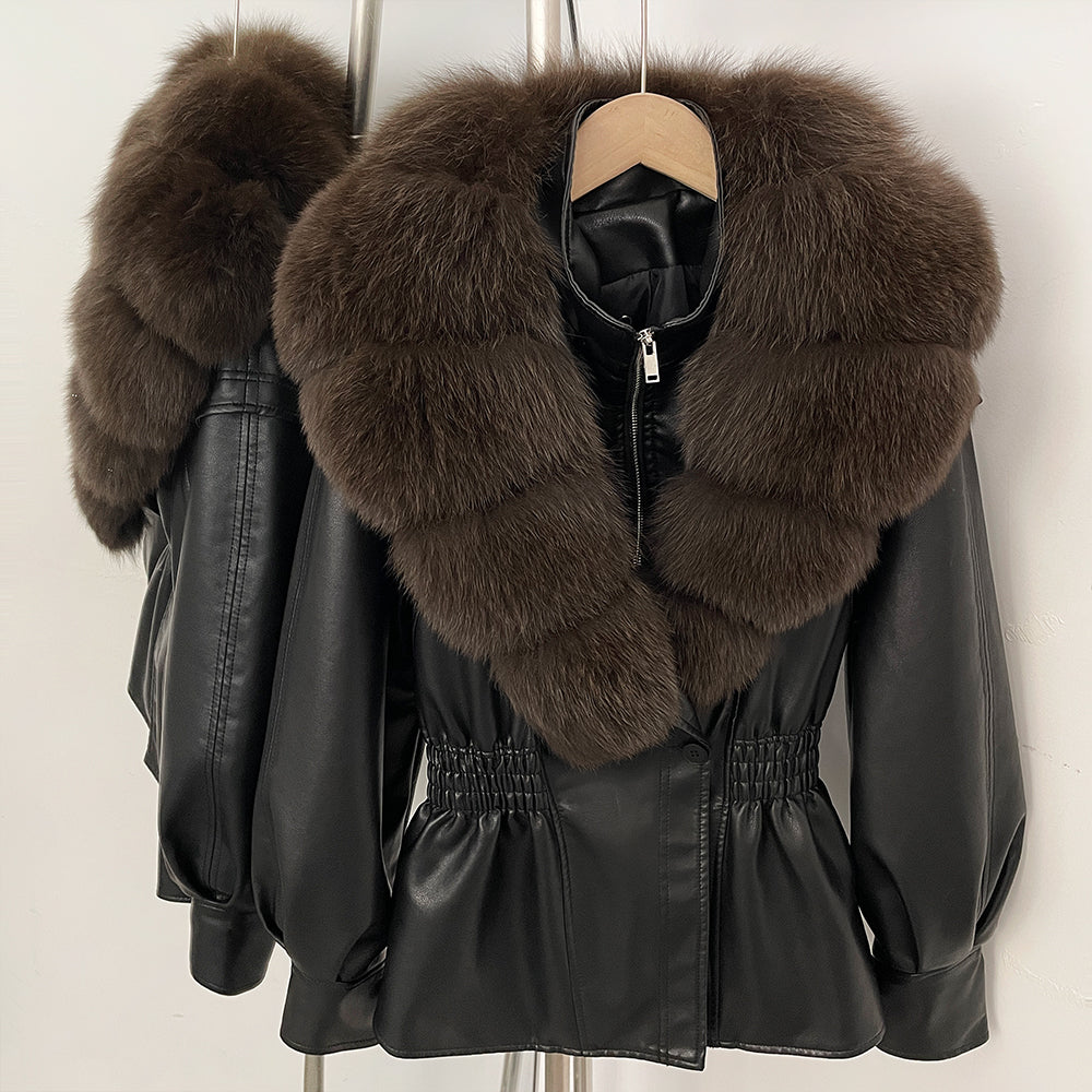 OFTBUY Women's Luxury Real Fox/Raccoon Fur Faux Leather Jacket Elastic Waist New Winter Coat Elegant PU Leather Outerwear Female