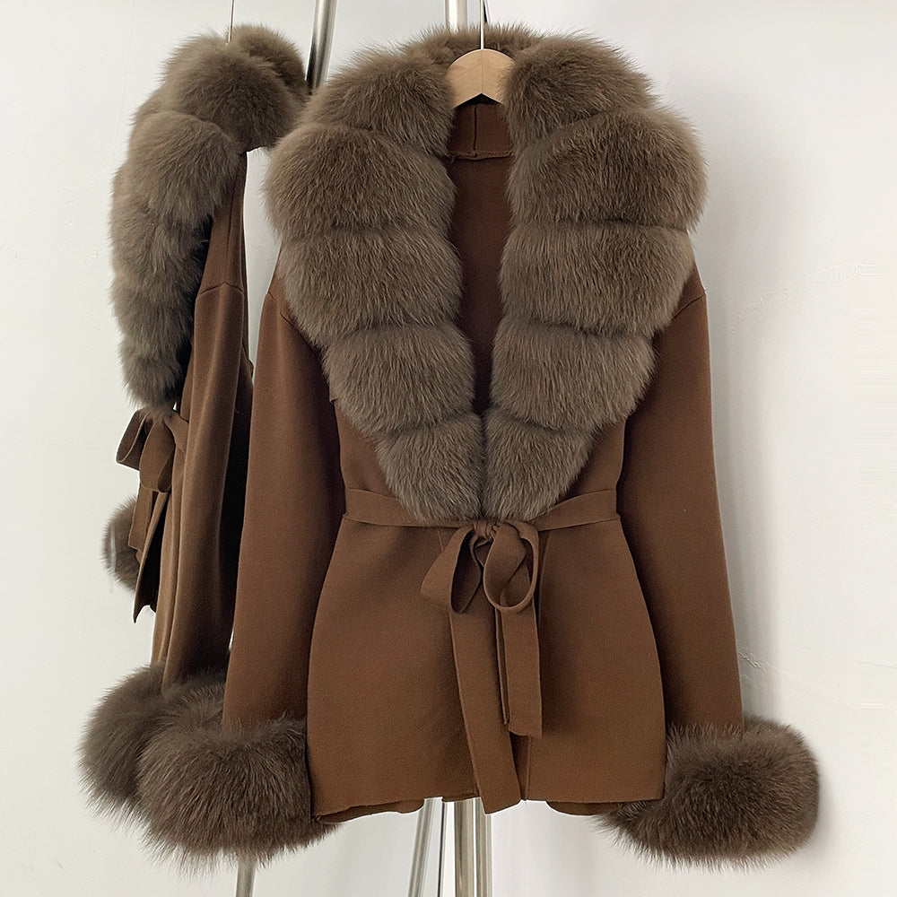 OFTBUY New Women's Knit Cardigan with Real Fox Fur Collar and Cuff Belt Luxury Coat Warm Autumn Fashion Outerwear Sweater Female