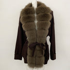 OFTBUY Trim Belted Waist Warm Winter Luxury Fashion Outerwear Sweater Female New Women's Knit Cardigan with Large Real Fox Fur