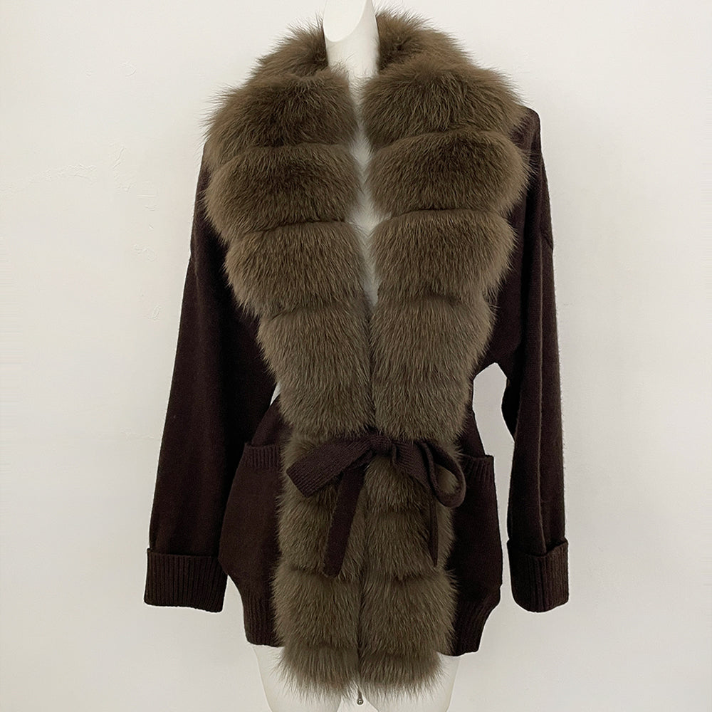 OFTBUY Trim Belted Waist Warm Winter Luxury Fashion Outerwear Sweater Female New Women's Knit Cardigan with Large Real Fox Fur