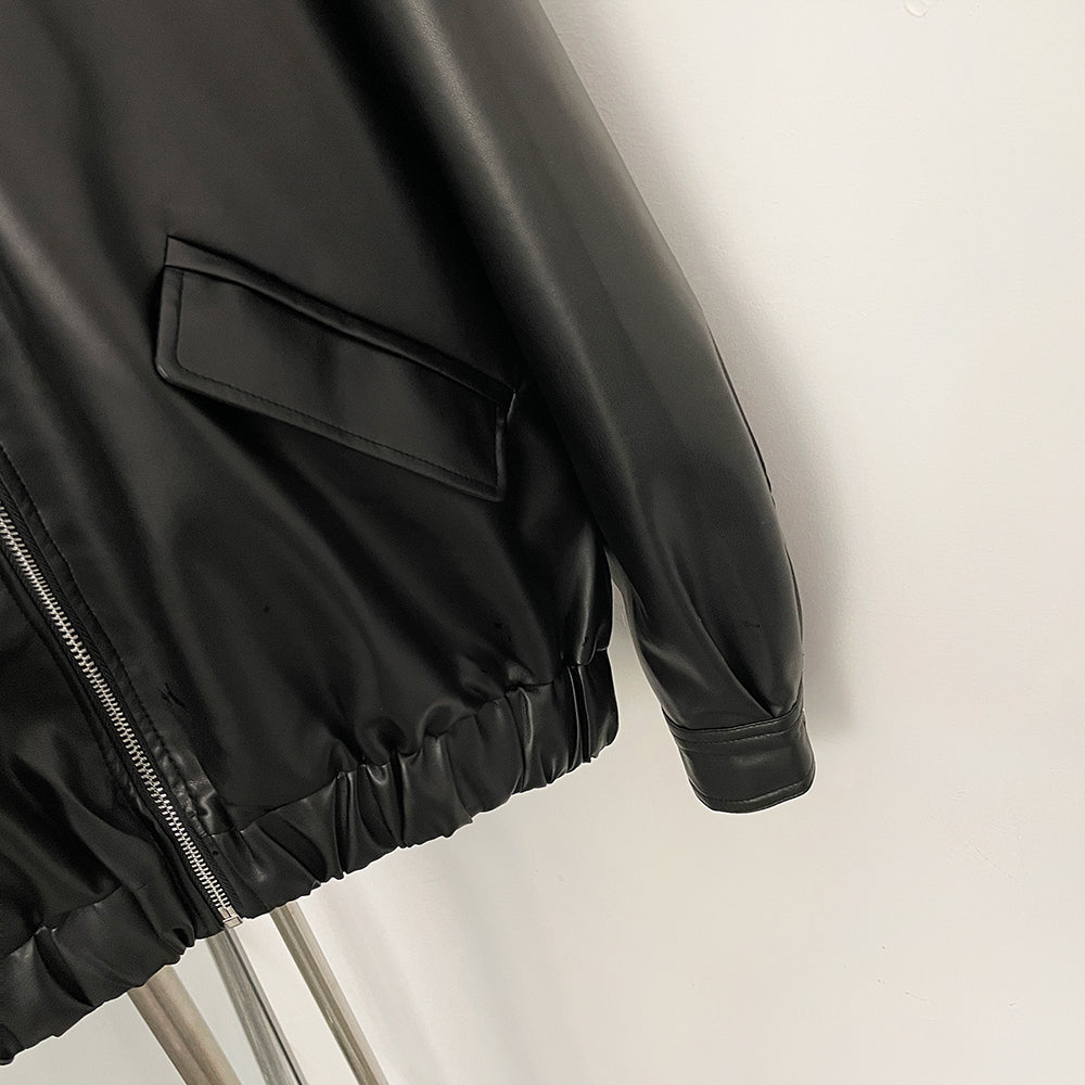 OFTBUY Detachable Hood Color Block Design New Women's Faux Leather Bomber Jacket Zipper Elastic Hem Casual Streetwear Outerwear