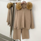 OFTBUY Knitted Pant Set Female Fashion Warm Real Fox Fur Sweater Lady New Autumn Winter Plus Size Woman Clothes Outfits Knitwear