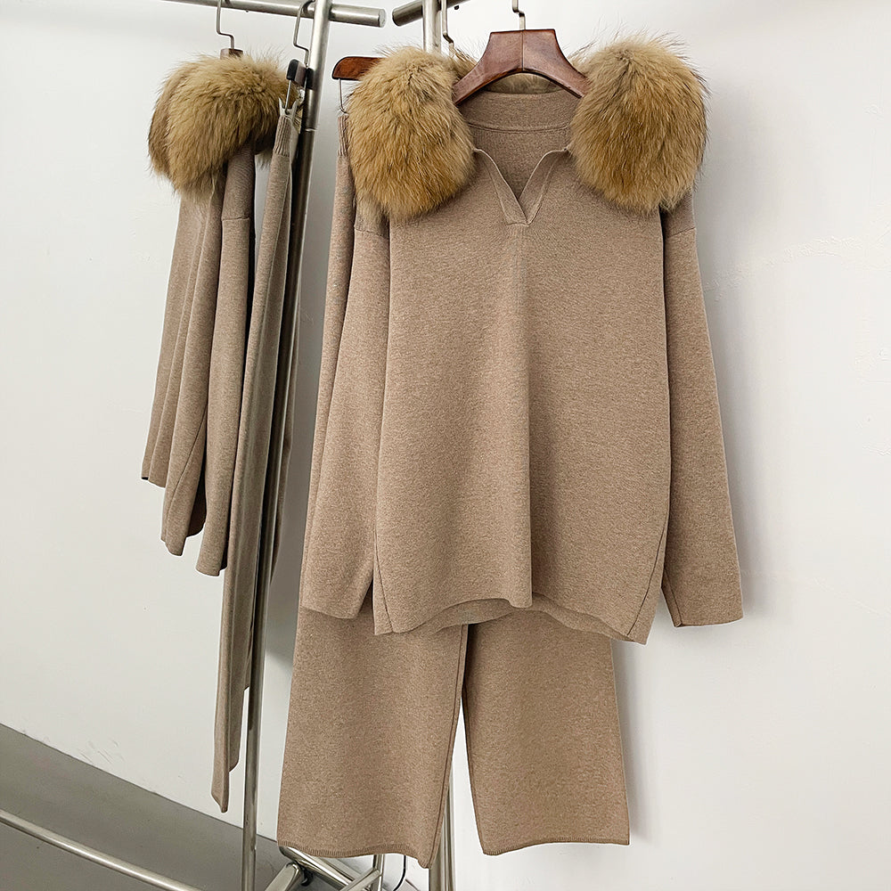OFTBUY Knitted Pant Set Female Fashion Warm Real Fox Fur Sweater Lady New Autumn Winter Plus Size Woman Clothes Outfits Knitwear