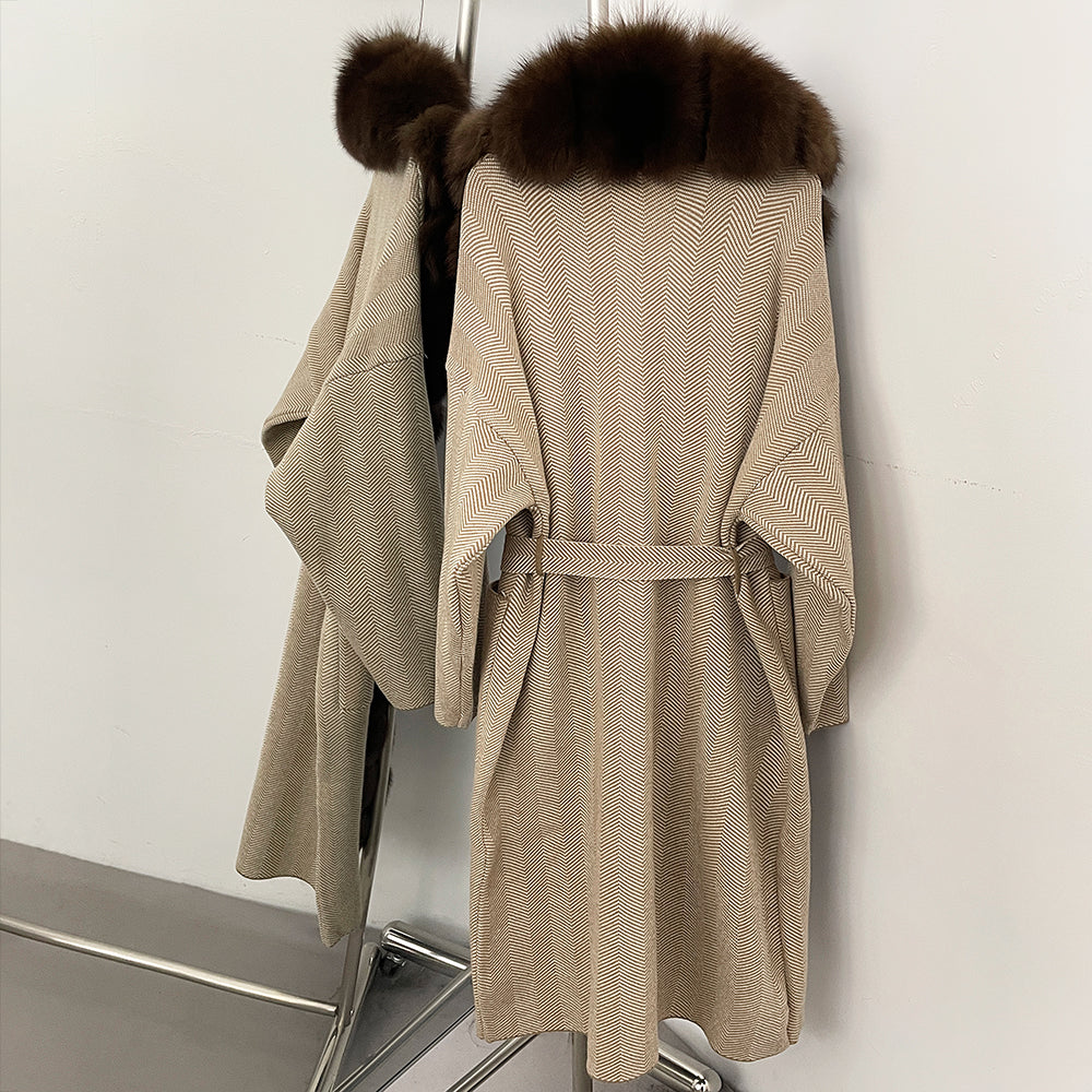 OFTBUY 2025 New Women's Knit Coat with Full Real Fox Fur Trim Belted Warm Winter Elegant Fashion Outerwear Female Long Sweater