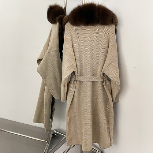 OFTBUY 2025 New Women's Knit Coat with Full Real Fox Fur Trim Belted Warm Winter Elegant Fashion Outerwear Female Long Sweater