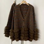 OFTBUY Stripe V-neck Real Fur Trim Sweater Coat Women New Spring Autumn Top Clothing Female Knitted Cardigans with Real Fox Fur