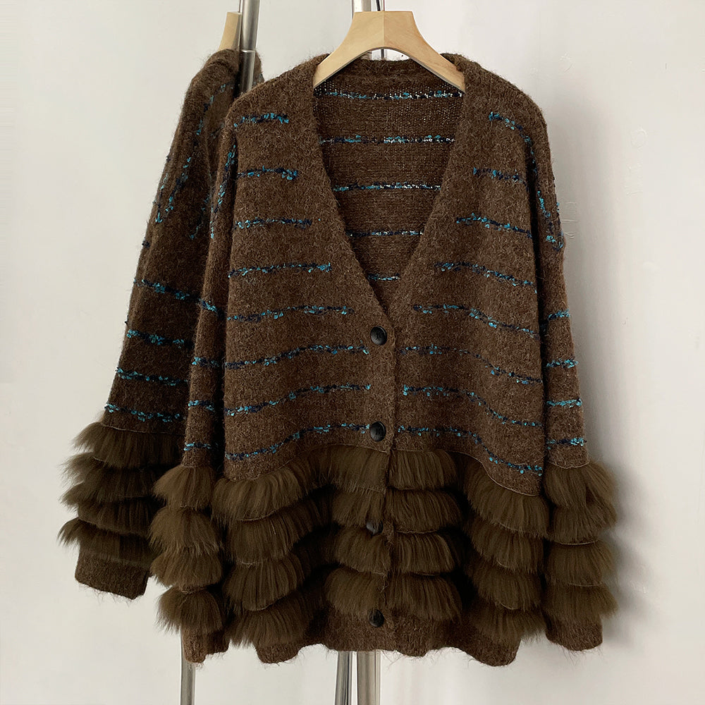 OFTBUY Stripe V-neck Real Fur Trim Sweater Coat Women New Spring Autumn Top Clothing Female Knitted Cardigans with Real Fox Fur