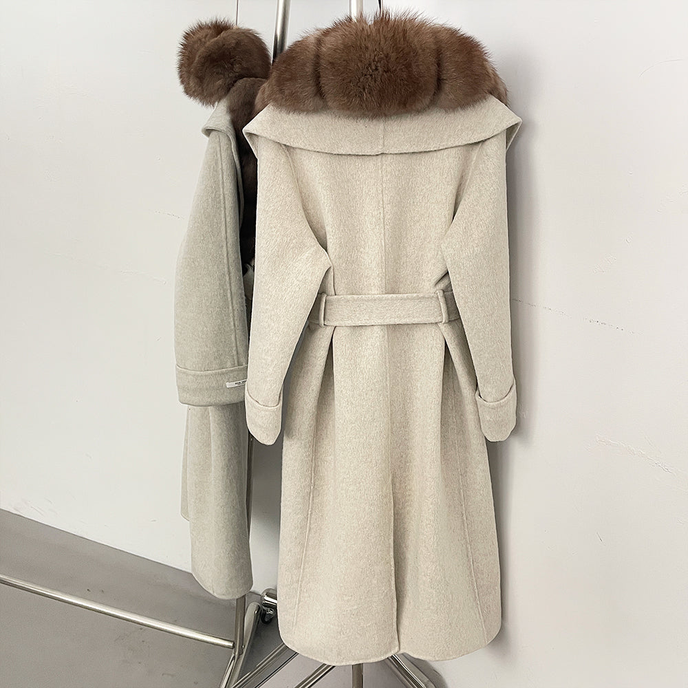 OFTBUY Belted Elegant Warm Outerwear Coat Female Women's Luxury Double-Faced Wool Jacket Winter Oversized Real Fox Fur Collar