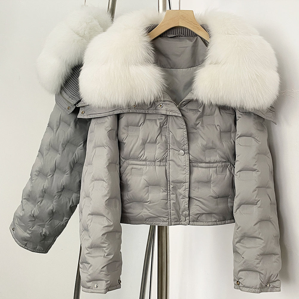 OFTBUY Thickened Warm Fluffy Real Fox Fur Puffer Jacket Women Short Long Sleeve White Duck Down Coat Female New Winter Clothing