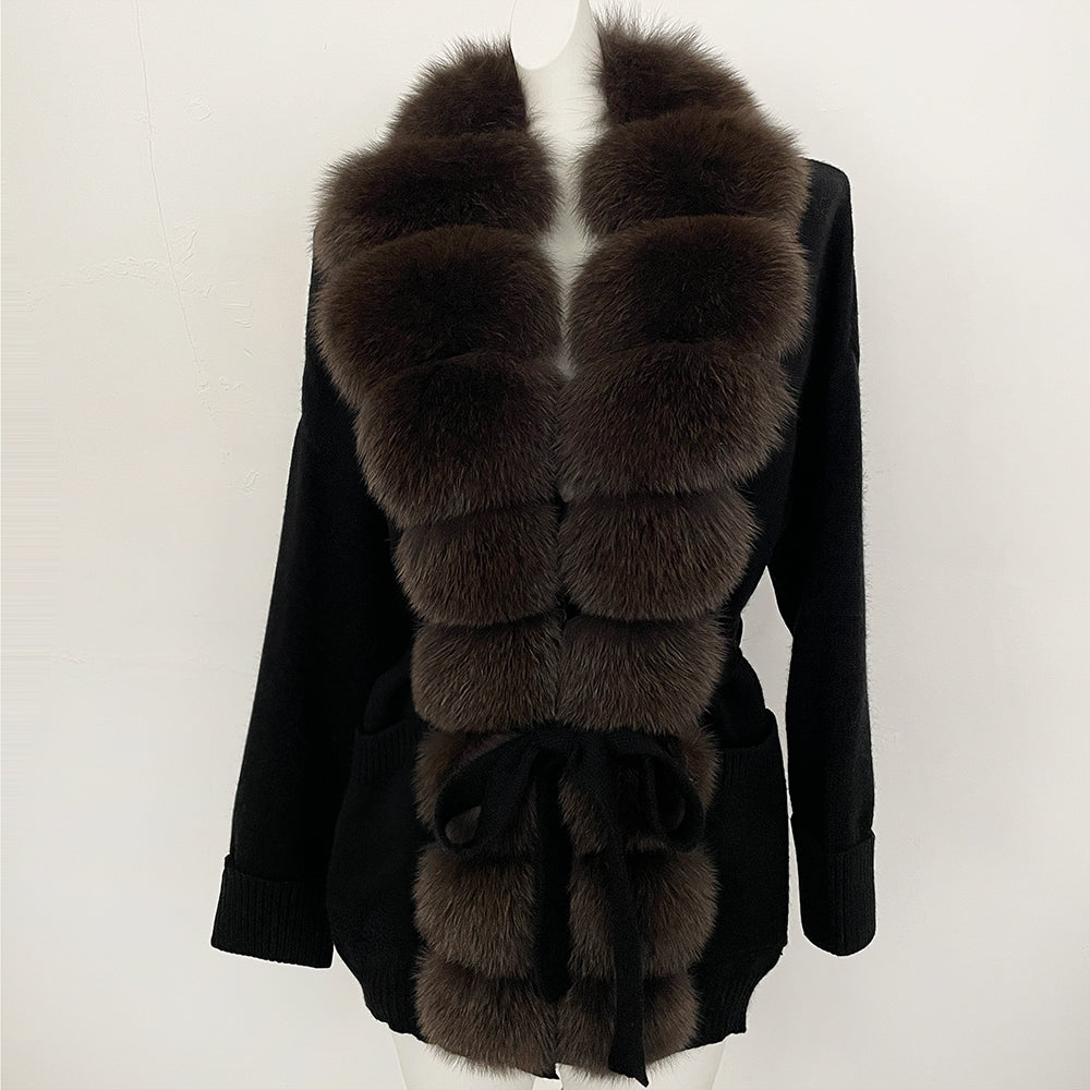 OFTBUY Trim Belted Waist Warm Winter Luxury Fashion Outerwear Sweater Female New Women's Knit Cardigan with Large Real Fox Fur