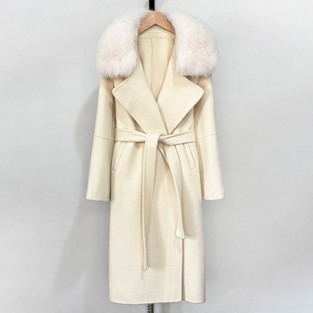 OFTBUY New Autumn Winter Long Clothing Women Fashion Warm Wool Coat with Real Fox Fur Collar Belt Elegant Woolen Jcacket Female