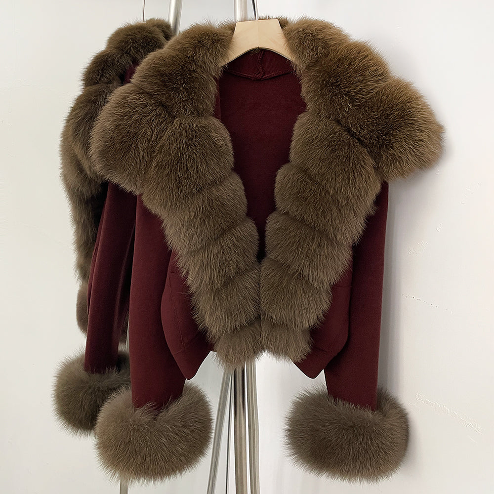 OFTBUY New Autumn Winter Knit Clothing Female Women's Short Cardigan with Big Real Fox Fur Collar Natural Fur Warm Sweater Lady