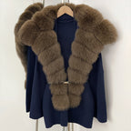 OFTBUY Fashion Belt Warm Sweater Female Natural Fur Loose Cadigan Coat Women Medium Length Knit Jacket with Real Fox Fur Collar