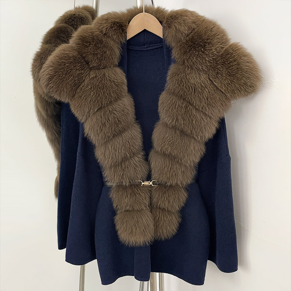 OFTBUY Fashion Belt Warm Sweater Female Natural Fur Loose Cadigan Coat Women Medium Length Knit Jacket with Real Fox Fur Collar