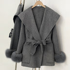 OFTBUY Pockets Elegant Warm Winter Fashion Outerwear Female New Women's Double-Faced Wool Coat Lapel Collar Belt Real Fox Fur
