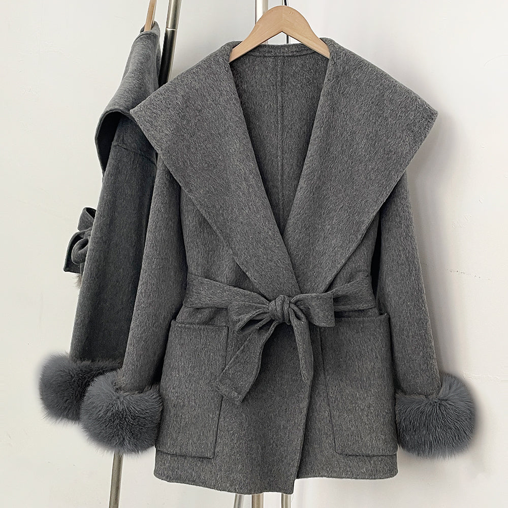 OFTBUY Pockets Elegant Warm Winter Fashion Outerwear Female New Women's Double-Faced Wool Coat Lapel Collar Belt Real Fox Fur