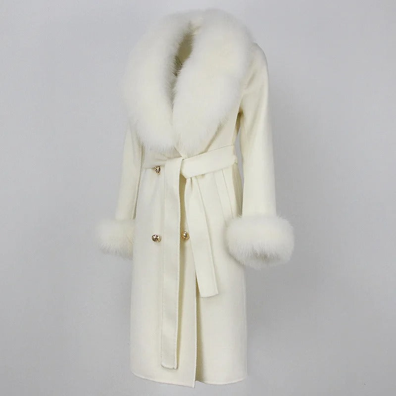 OFTBUY Winter Jacket Women Long Natural Wool Blends Cashmere Real Fur Coat Double Breasted Belt Warm Streetwear New Fashion