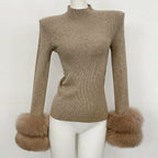 OFTBUY Luxury Mock Neck Ribbed Knit Top with Oversized 100% Real Fox Fur Cuffs