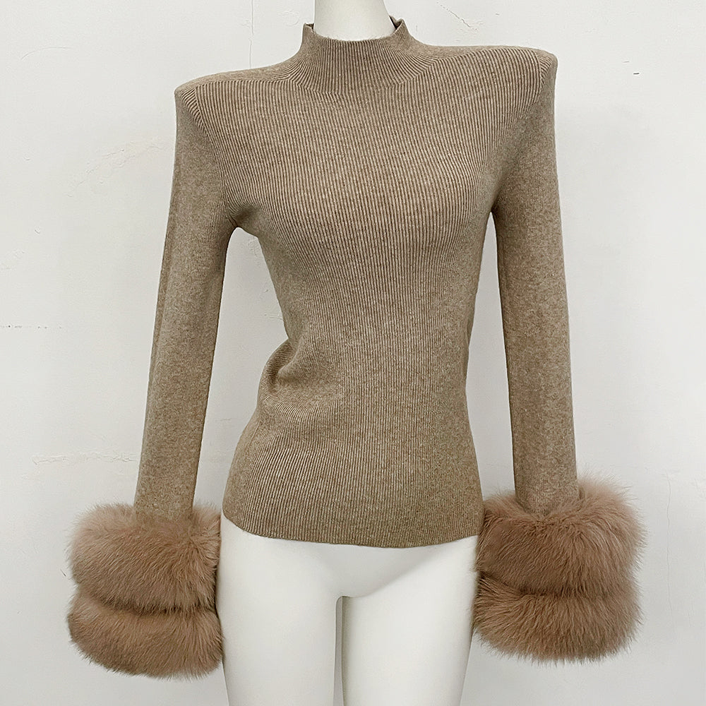 OFTBUY Luxury Mock Neck Ribbed Knit Top with Oversized 100% Real Fox Fur Cuffs