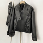 OFTBUY New Women's Clothes Faux Leather Jacket Lapel Collar Button Coat Female Elastic Hem Streetwear Fashion Casual Outerwear