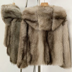 OFTBUY Luxury Hooded Faux Fur Jacket - Premium Vegan Silver Fox Style Cropped Winter Coat