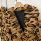 OFTBUY Luxury Leopard Print Real Rabbit Fur Long Coat - Wide Notched Lapel Belted Waist Genuine Rabbit Fur Winter Trench Coat