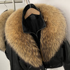 OFTBUY Women's Black Faux Leather Moto Jacket with Real Fox Fur Collar PU Leather Cropped Biker Coat Female New Winter Outerwear