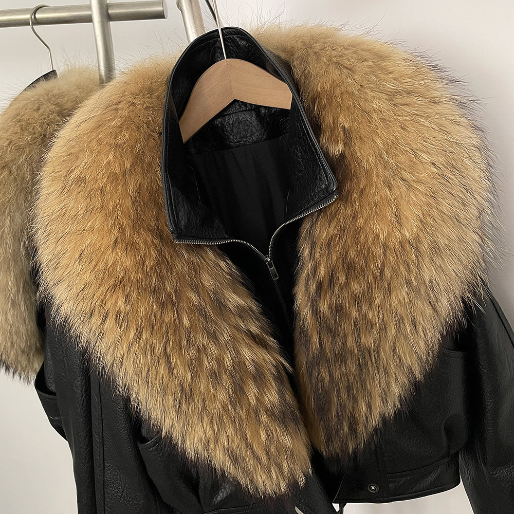 OFTBUY Women's Black Faux Leather Moto Jacket with Real Fox Fur Collar PU Leather Cropped Biker Coat Female New Winter Outerwear