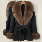 OFTBUY New Women's Double-Faced Wool Coat with Large Real Fox Fur Collar Cuffs Belted Warm Winter Elegant Fashion Outerwear Lady