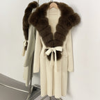 OFTBUY New Natural Fur Collar Long Knit Jacket Women Atrumn Winter Top Clothing Female Fashion Warm Belt Real Fox Fur Cardigan