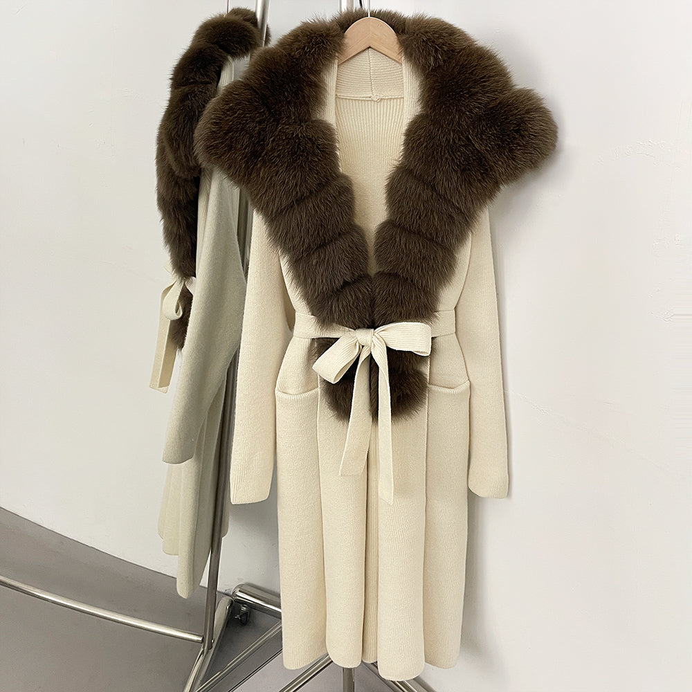 OFTBUY New Natural Fur Collar Long Knit Jacket Women Atrumn Winter Top Clothing Female Fashion Warm Belt Real Fox Fur Cardigan