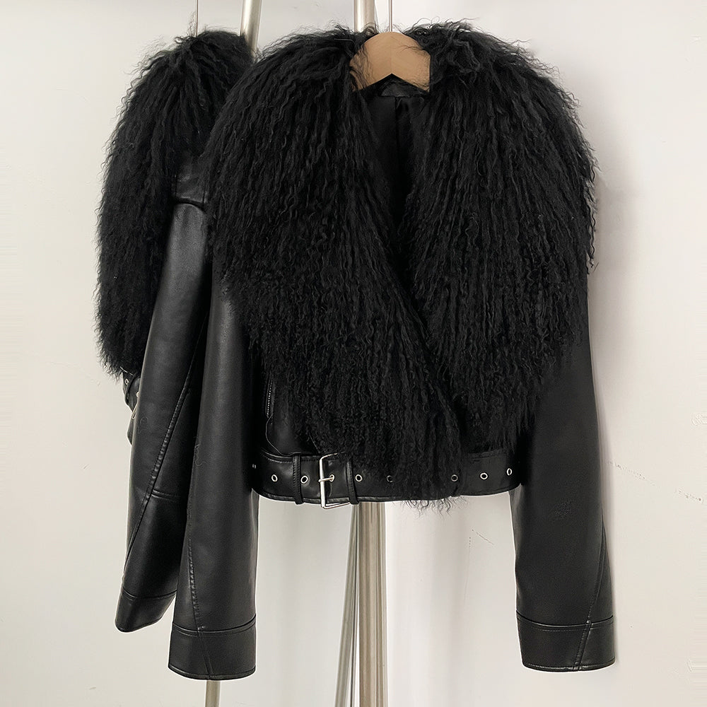 OFTBUY New Autumn Winter Clothes Women Fashion Warm Short Faux Leather Jacket Female Luxury Real Mongolia Sheep Fur Collar Coat
