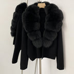 OFTBUY New Women's Knit Cardigan with Large Real Fox Fur Collar Loose Fit Warm Winter Fashion Lady Outerwear Sweater Female