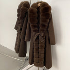 OFTBUY New Autumn Winter Clothes Women Belt Natural Fur Collar Woolen Jacket Long Big Fox Fur Pinnacle 100% Wool Coat Female