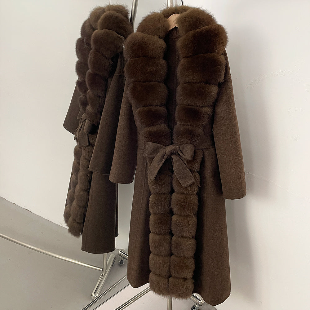 OFTBUY New Autumn Winter Clothes Women Belt Natural Fur Collar Woolen Jacket Long Big Fox Fur Pinnacle 100% Wool Coat Female