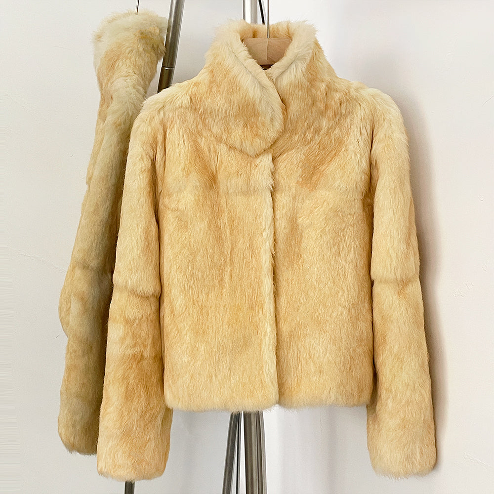 OFTBUY Cream Yellow Peter Pan Collar Real Rabbit Fur Cropped Jacket - Soft Solid Genuine Rabbit Fur Short Winter Coat