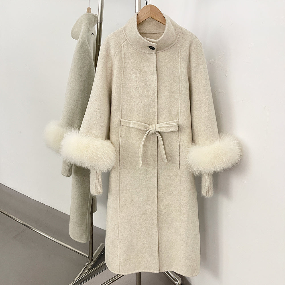 OFTBUY New Autumn Winter Knitted Sleeves Woolen Clothes Women High Collar Belt Real Fox Fur Wool Coat Female Alpaca Loose Jacket