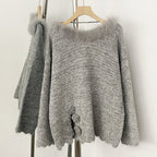 OFTBUY New Spring Autumn Loose Sequins Clothes Women Flowers Bow Knit Pullovers Jacket Female Real Fox Fur Back-length Sweater