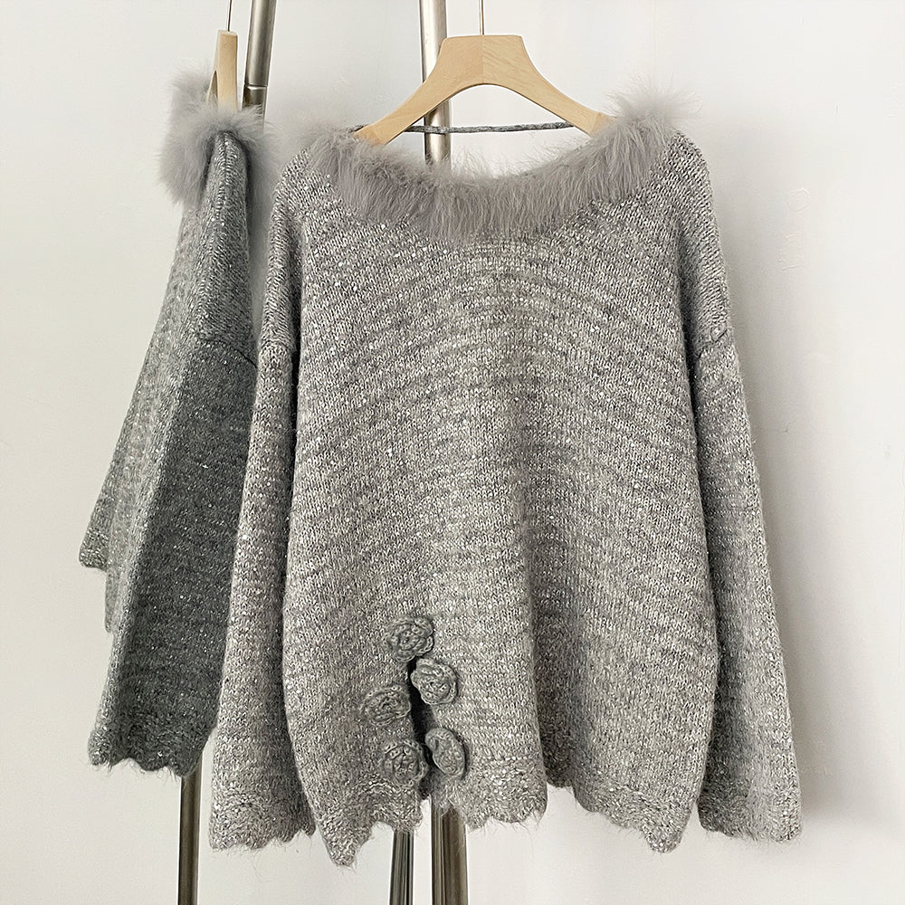 OFTBUY New Spring Autumn Loose Sequins Clothes Women Flowers Bow Knit Pullovers Jacket Female Real Fox Fur Back-length Sweater
