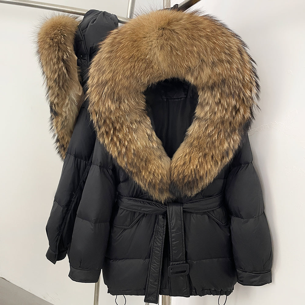 OFTBUY Thick Warm Mid-Long Puffer Coat Real Fox Fur Collar White Duck Down Coat Female Loose Warm Hooded Parkas With Belt